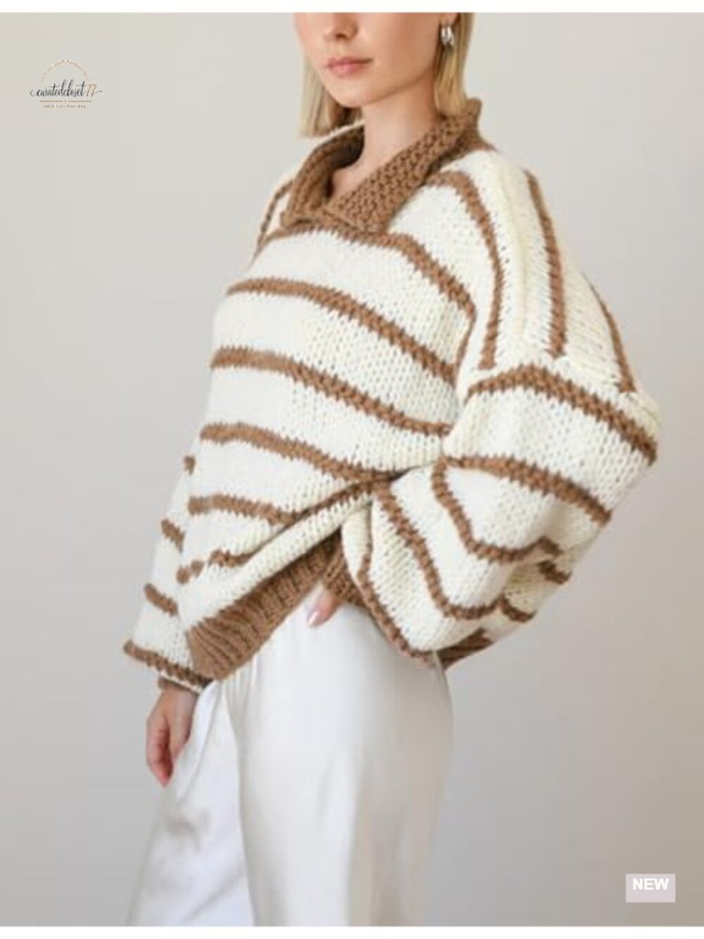Oversized Striped Knit Pullover Sweater Crewneck Long Balloon Sleeve - Picture 5 of 6